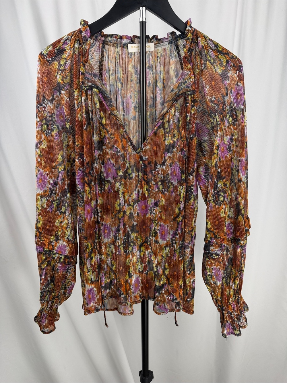 Ramy Brook Metallic Floral Pleated Blouse Long Sleeve